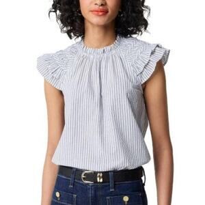 J.Crew Flutter Sleeve Top WMNS S White Blue Striped Ruffled Crewneck Sleeveless